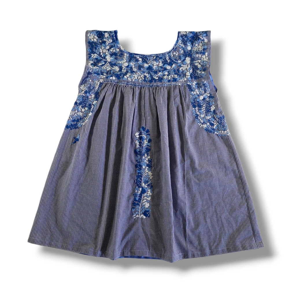 Mi Golondrina MEXICO Flores Blouse Floral Embroidered Blue Gingham Fabric